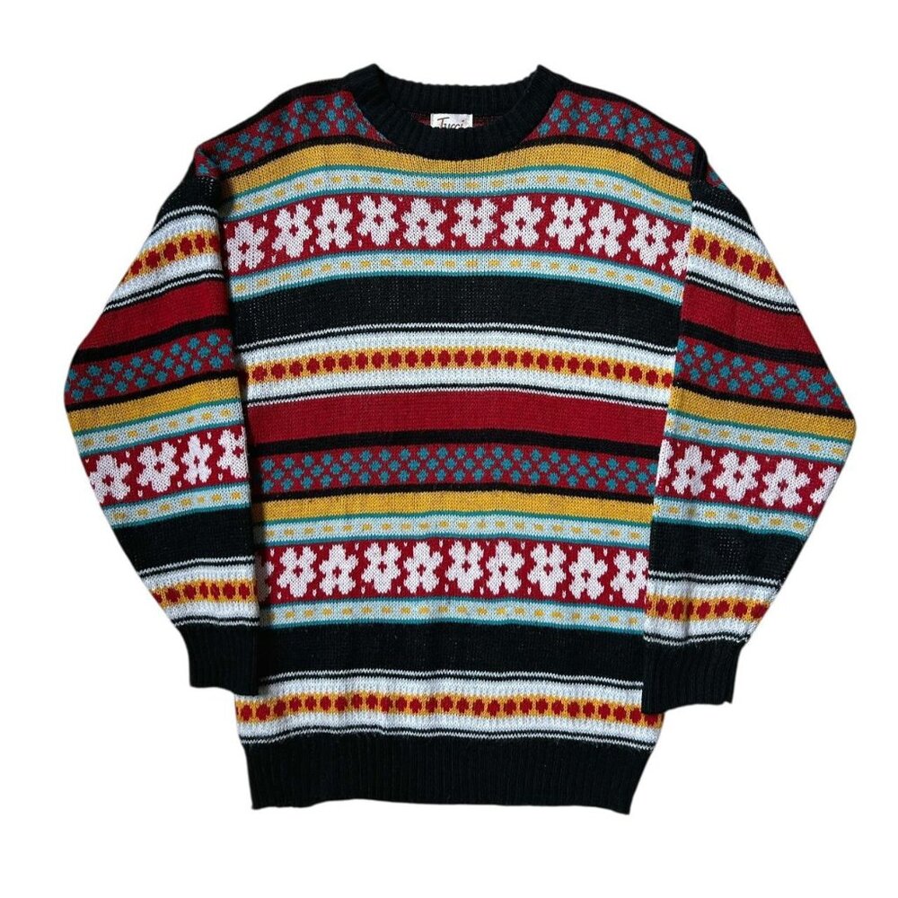 80s vintage daisy stripe sweater retro twee pattern acrylic crewneck print.